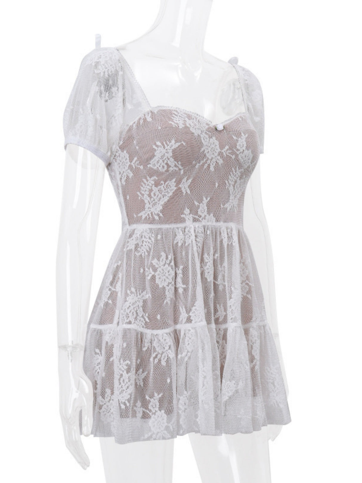 Floral Mesh Square Neck, Fitted Waist, Puff Sleeves Sweet Mini&Short Dresses