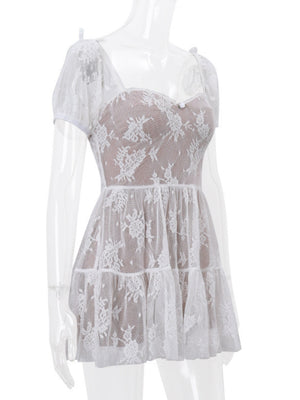 Floral Mesh Square Neck, Fitted Waist, Puff Sleeves Sweet Mini&Short Dresses