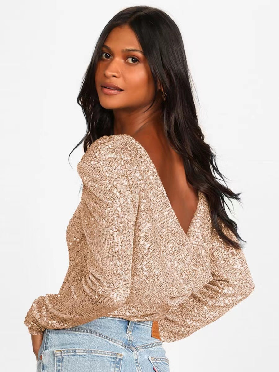 Long-sleeved, Slim-fit, Round Neck, Shimmering, Openwork Bodysuit