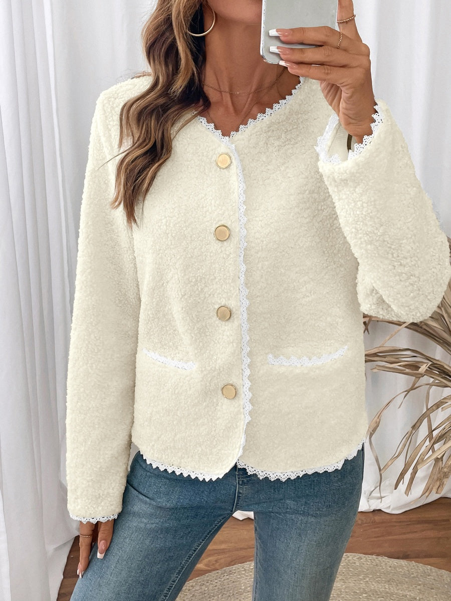 Splicing Buttons Off-white lace cardigan jacket
