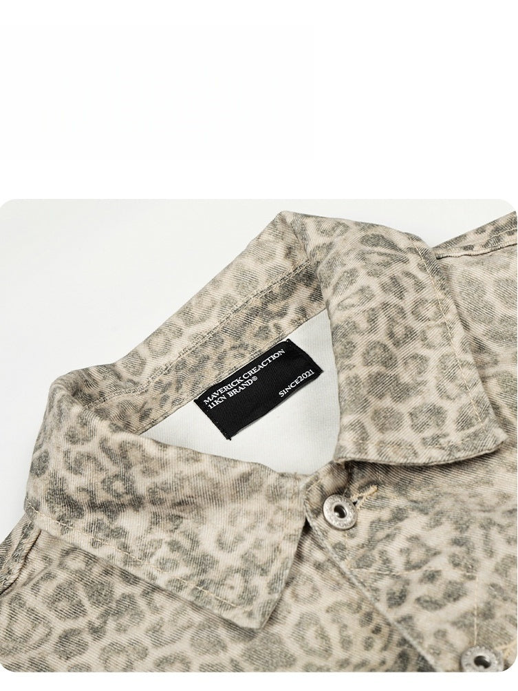 Retro Leopard Short And Wide Silhouette Lapel Denim Jacket