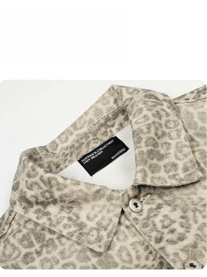 Retro Leopard Short And Wide Silhouette Lapel Denim Jacket