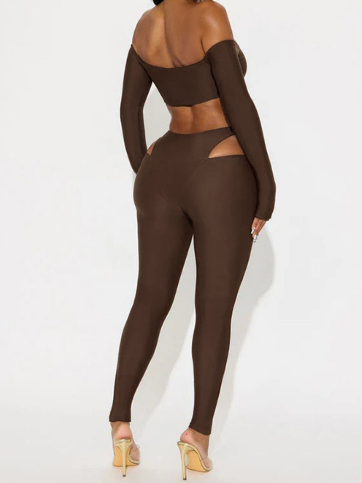 Hollow Out Off-shoulder Long-sleeved Short Top Tight Pants 2-piece Sets