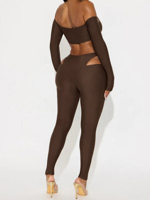 Hollow Out Off-shoulder Long-sleeved Short Top Tight Pants 2-piece Sets