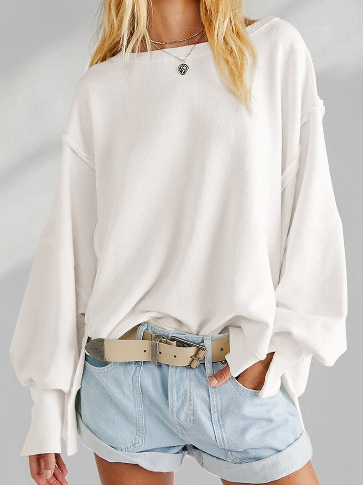 Women's Autumn/Winter Solid Color Frayed Edge Long Sleeve Side-Slit Sweatshirt