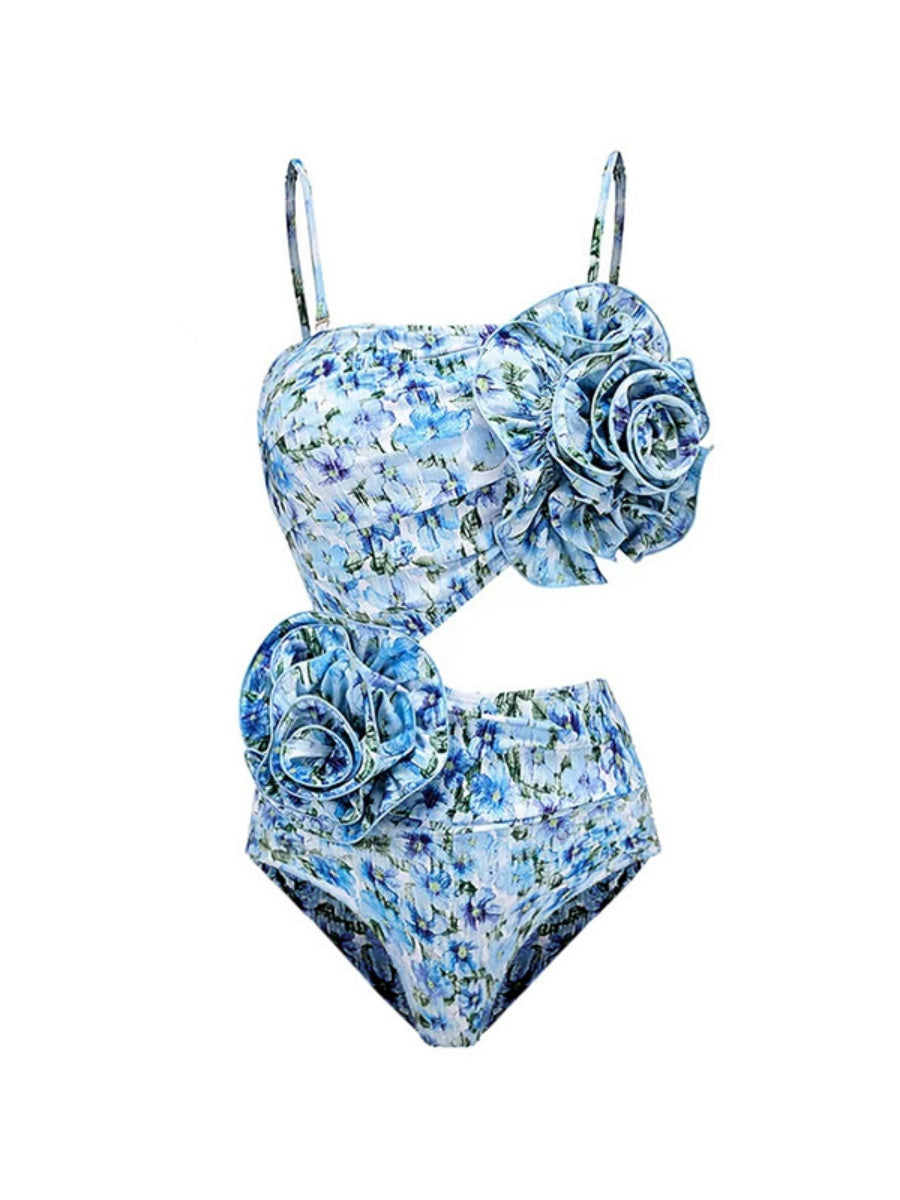 Floral-decorated Hollowed-out One-piece Swimsuit And Sun-protective Long Dress Two-piece Set