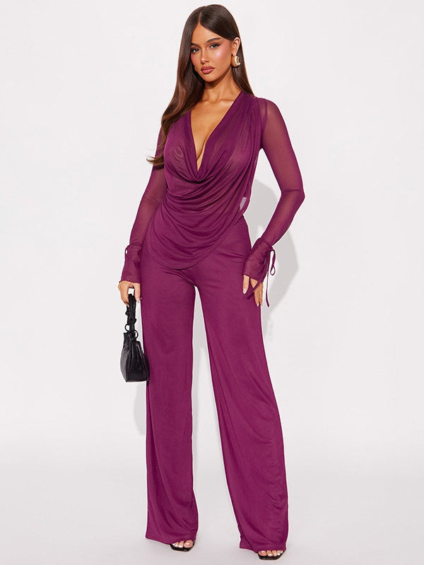 Mesh Halter Neck Tie Long-sleeved Top And Slim-fit Trousers Two-piece Set