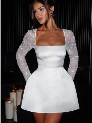 Square Neck Lace Low-cut Splicing A-pendulum Long Sleeve Bandage Short Dress For Cocktail Party