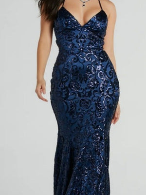 Suspender sequins V-neck long dress
