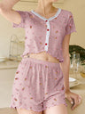 Printed Button Lace Short Sleeves And Shorts Pajama Set