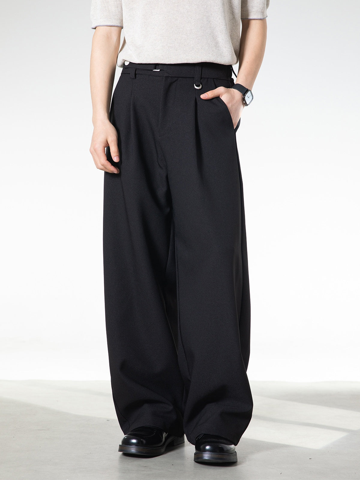 Adjustable Waist Stereo Gathering Straight-fit Dress Pants