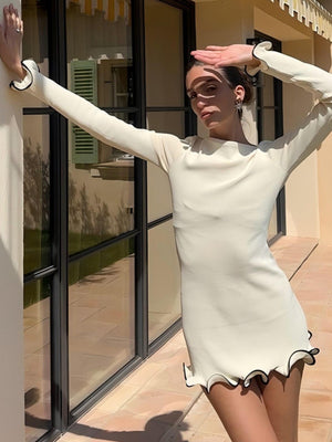 Elegant Solid Color Round Neck Long Sleeve Slim Fit Ruffle Dress