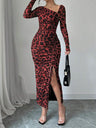 Long-sleeved, Slim-fit Leopard Print Drawstring Bodycon Top Mini&Short Dresses