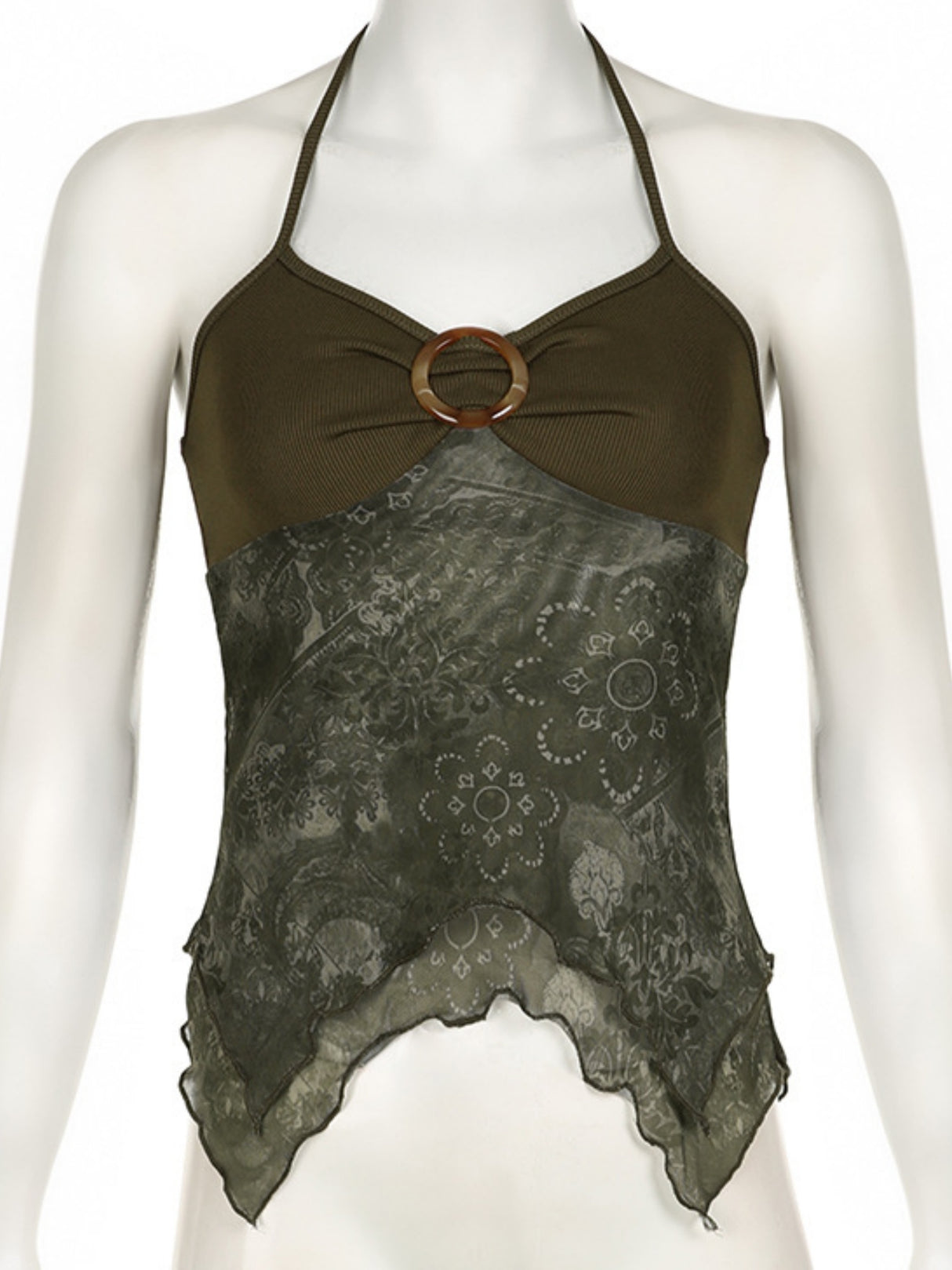 Metal Buckle Pleated Halter Neck And Backless Tank Top