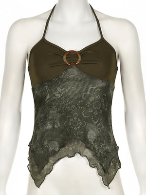 Metal Buckle Pleated Halter Neck And Backless Tank Top