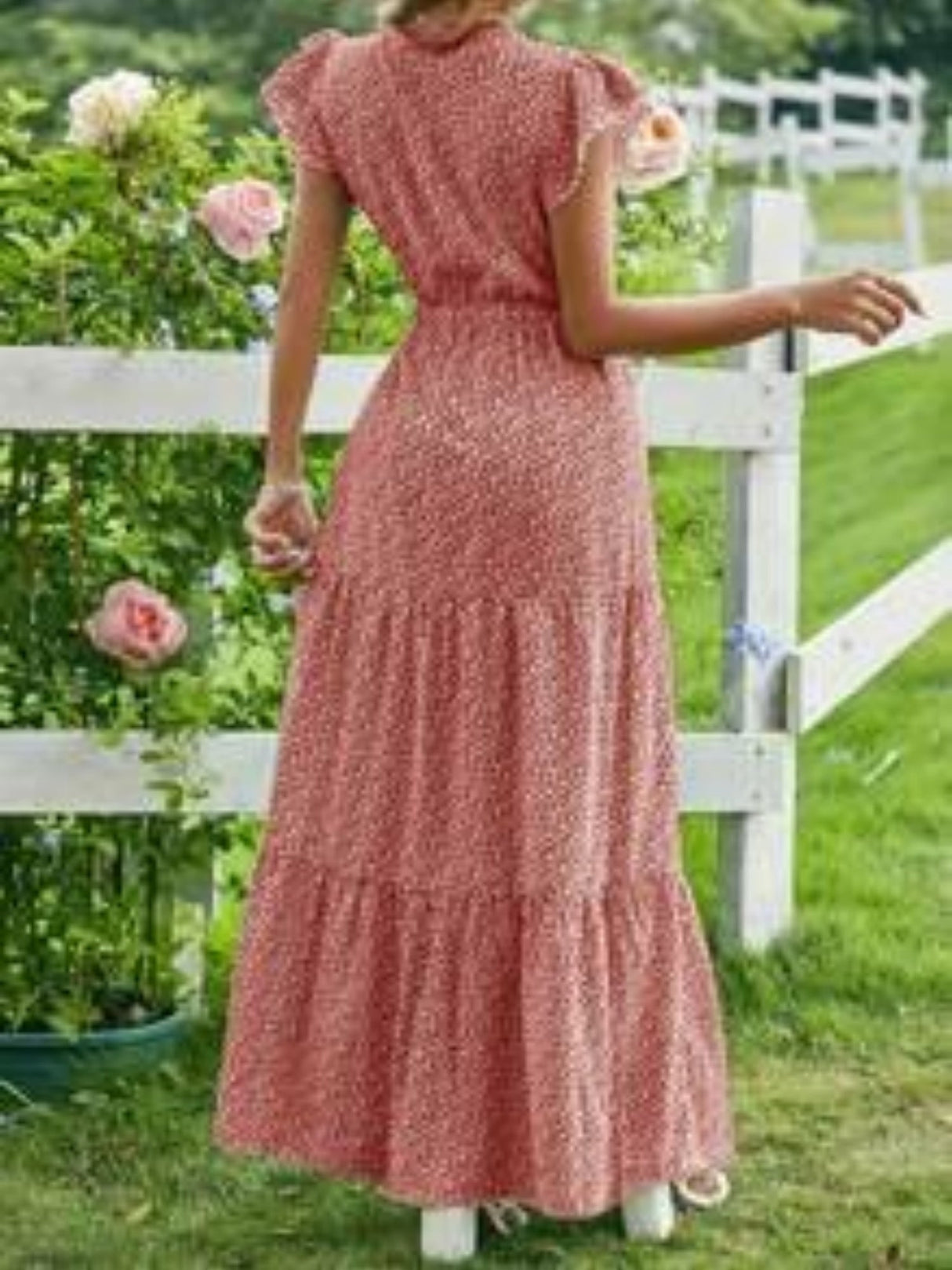 Floral Print V-neck Short Sleeve Maxi Dresses