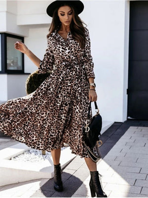 Leopard Print Long Sleeves Large Skirt Maxi Dresses