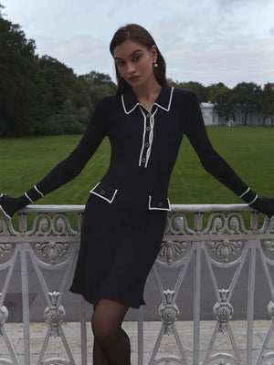 Spliced Chanel Style Long-sleeved Lapel Button-down Ruffled Knitted Mid-length Dress