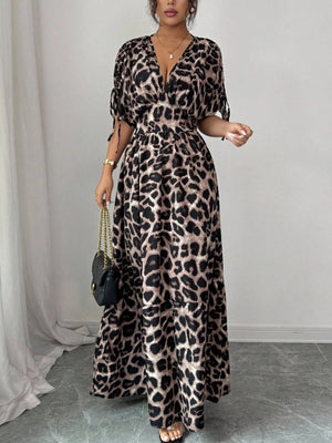 V-neck Short Sleeve Leopard Print Maxi Dresses