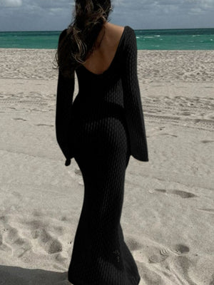 V-neck Round Button Long-sleeved Vacation Maxi Dress/beach Wear