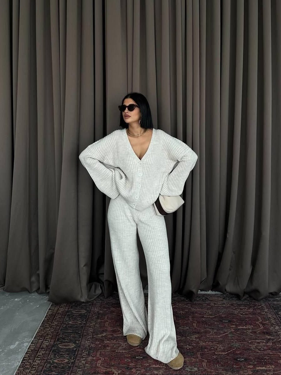 Leisure Solid Color Long Sleeve Buttons Sweaters Cardigans Pants Two-piece Suit