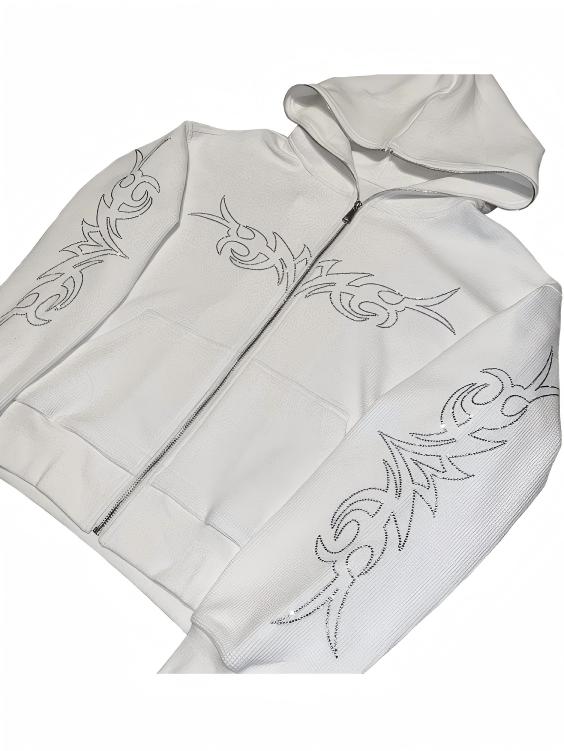 Crew Neck Loose Letter Rhinestone Zip-up Hoodie