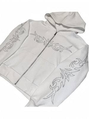 Crew Neck Loose Letter Rhinestone Zip-up Hoodie