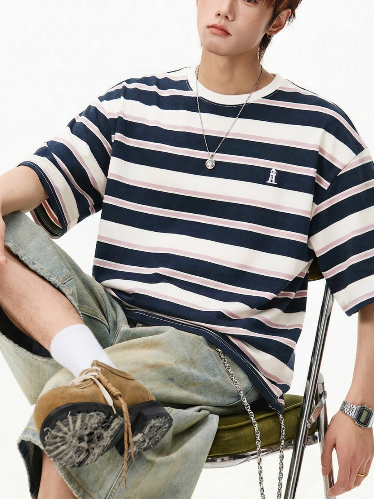 Retro Color-blocked Stripes Loose-fit T-shirts