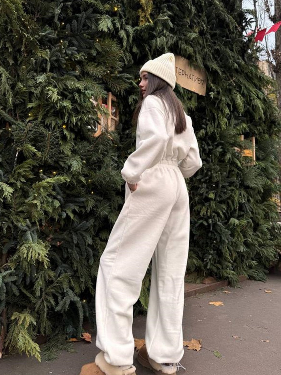 Liber Autumn women's one-piece suit solid color straight pants long-sleeved jumpsuit