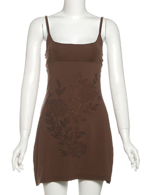 Rhinestone-studded U-neck Open Back Bodycon Suspenders Mini&Short Dresses