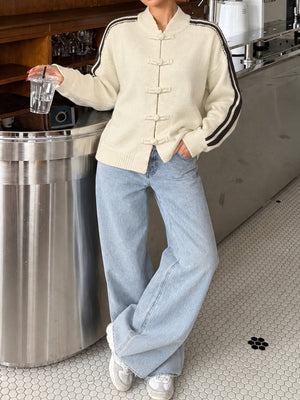 Simple Chinese Style Stand-up Collar Color-blocked Striped Button Sweater