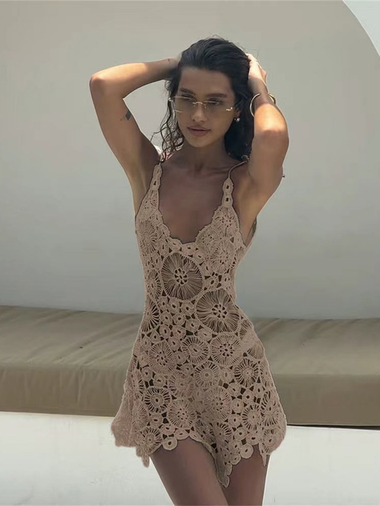 Lace Openwork Crochet Spaghetti Strap Short Dress