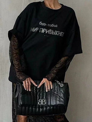 Liber Autumn women's printed ovserzie hot diamond pullover T-shirt