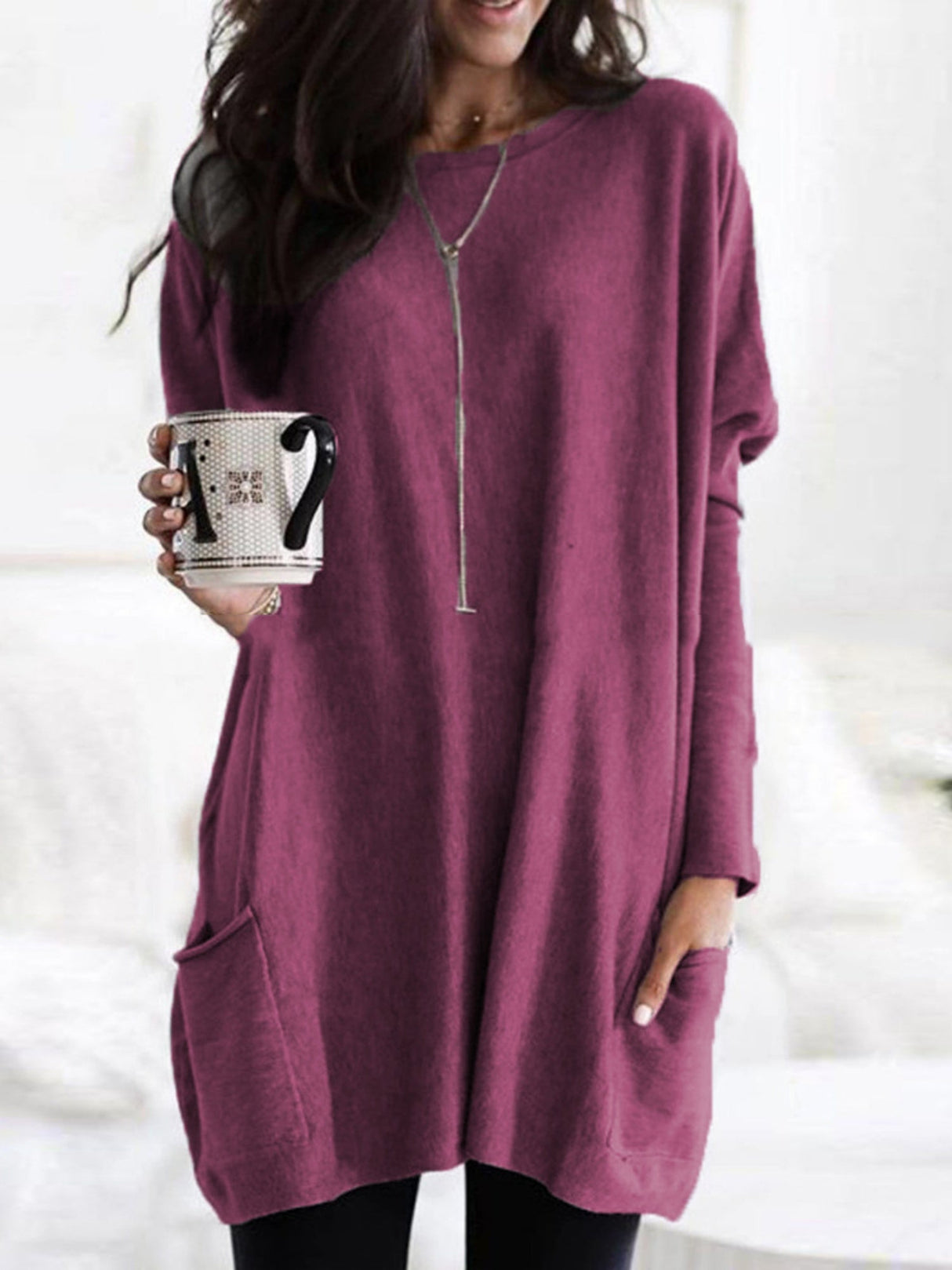 Pocket Round Neck Long Sleeve T-shirts