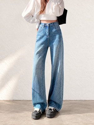 Women's Blue Straight Leg Jeans With Rhinestones For Autumn/Winter