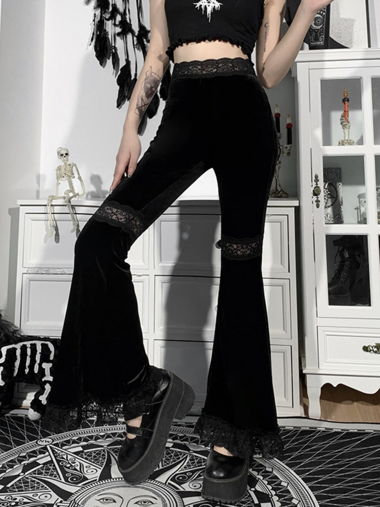 Y2K Velvet Lace Patchwork Hollowed-out Perspective High-waisted Flared Pants Slimming Pants