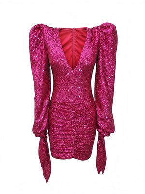 V-neck Tie Sequined Short Dress
