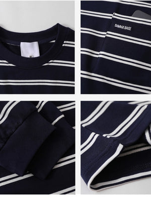 Stripes Color-blocked Embroidery Pocket Loose-fit T-shirts
