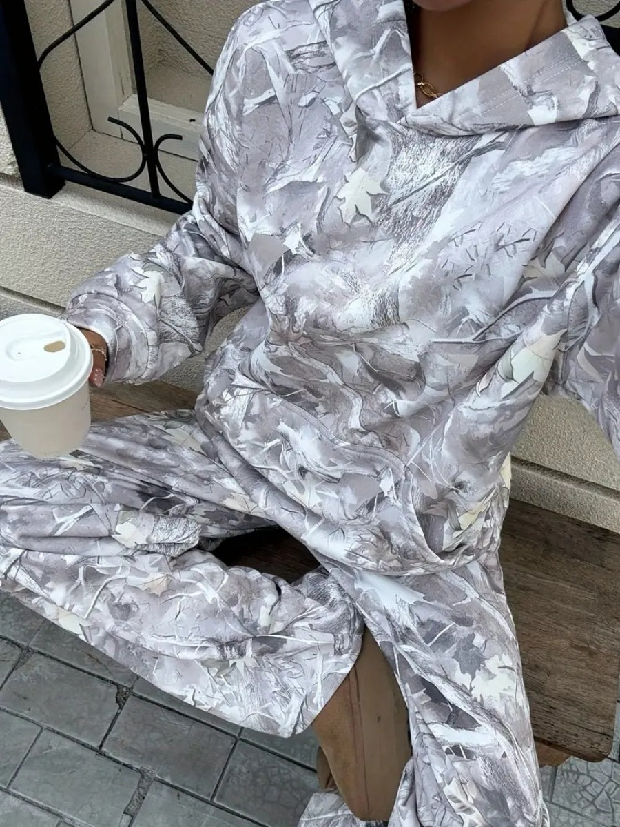 Street Style Camouflage Full Print Hooded Jacket Pants Loose Daily Casual Two-piece Set