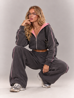 Double-sided Color-blocked Hooded Zip-up Cardigan And Trousers Two-piece Set