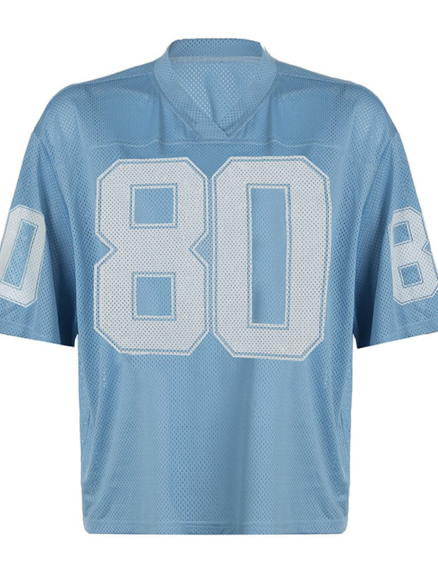 Contrasting Colors Number V-neck, Loose, Casual Basic T-shirts