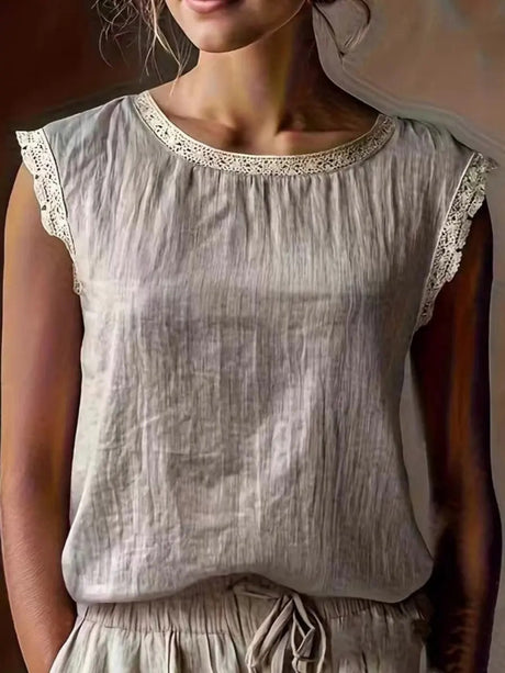 Lace Trim Color-blocked Crew Neck T-shirts