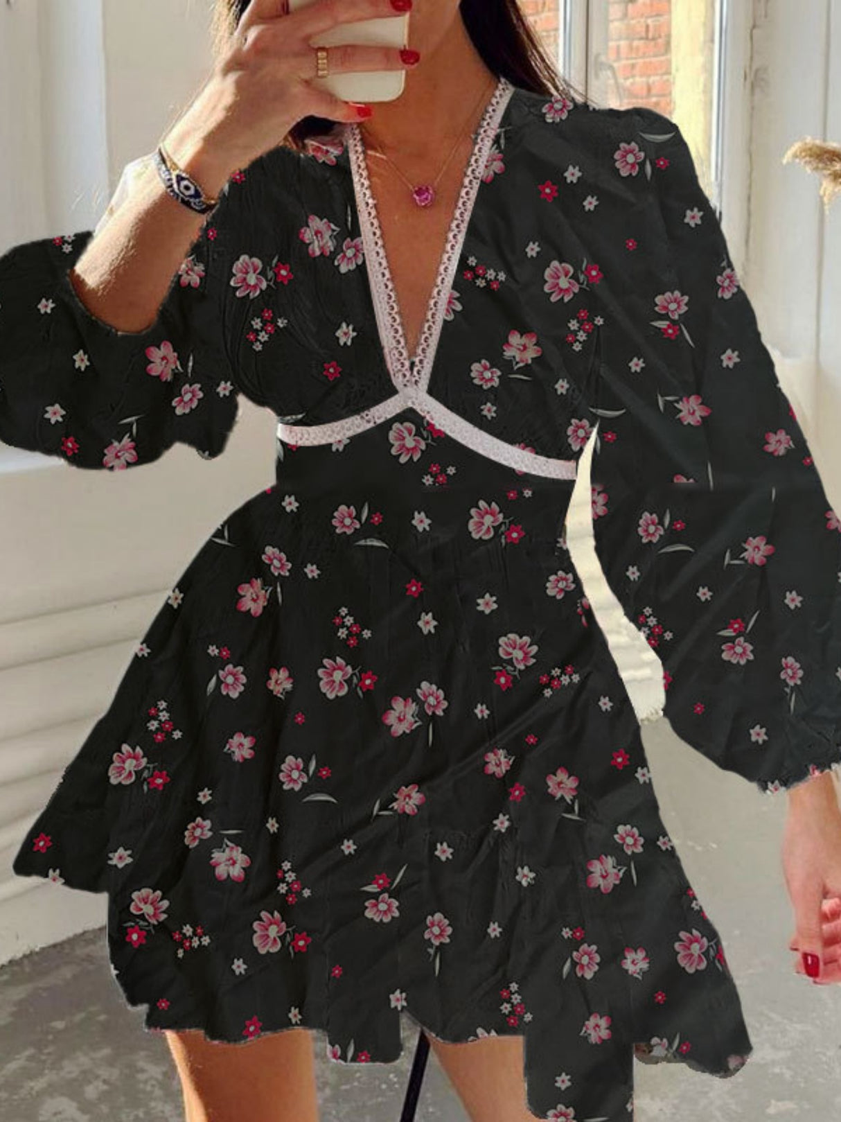 Floral Lace Deep V-neck Waist Puff Sleeve Sweet Mini&Short Dresses