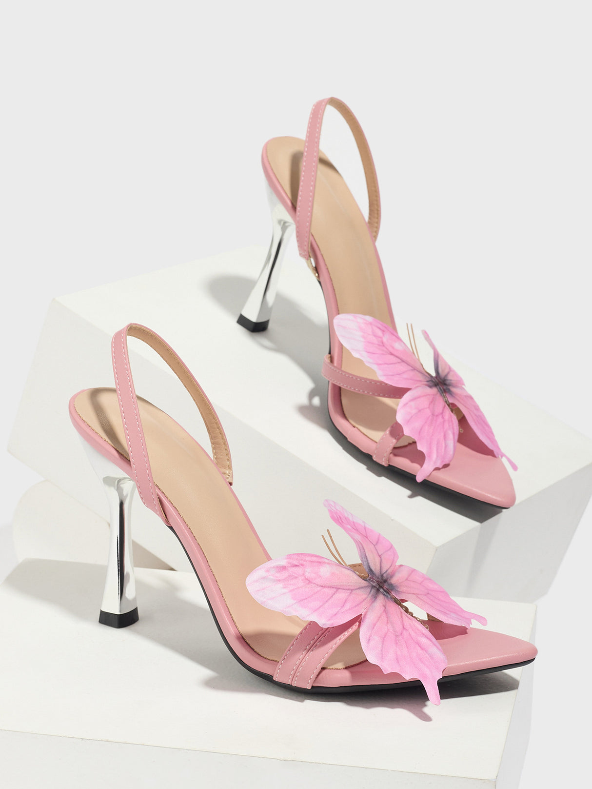 Pink 3D Butterfly Pointed-toe High-heeled Sandals
