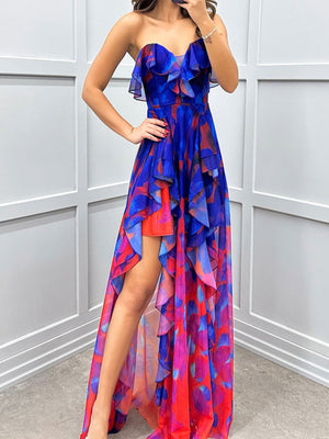 Mesh Printed Slit Ruffle Formal Dress Maxi Dresses