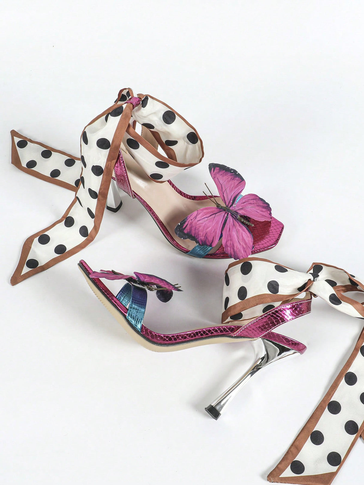 3D Butterfly Polka Dot Strappy High-heeled Sandals