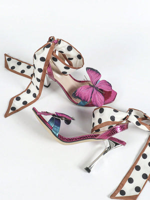 3D Butterfly Polka Dot Strappy High-heeled Sandals