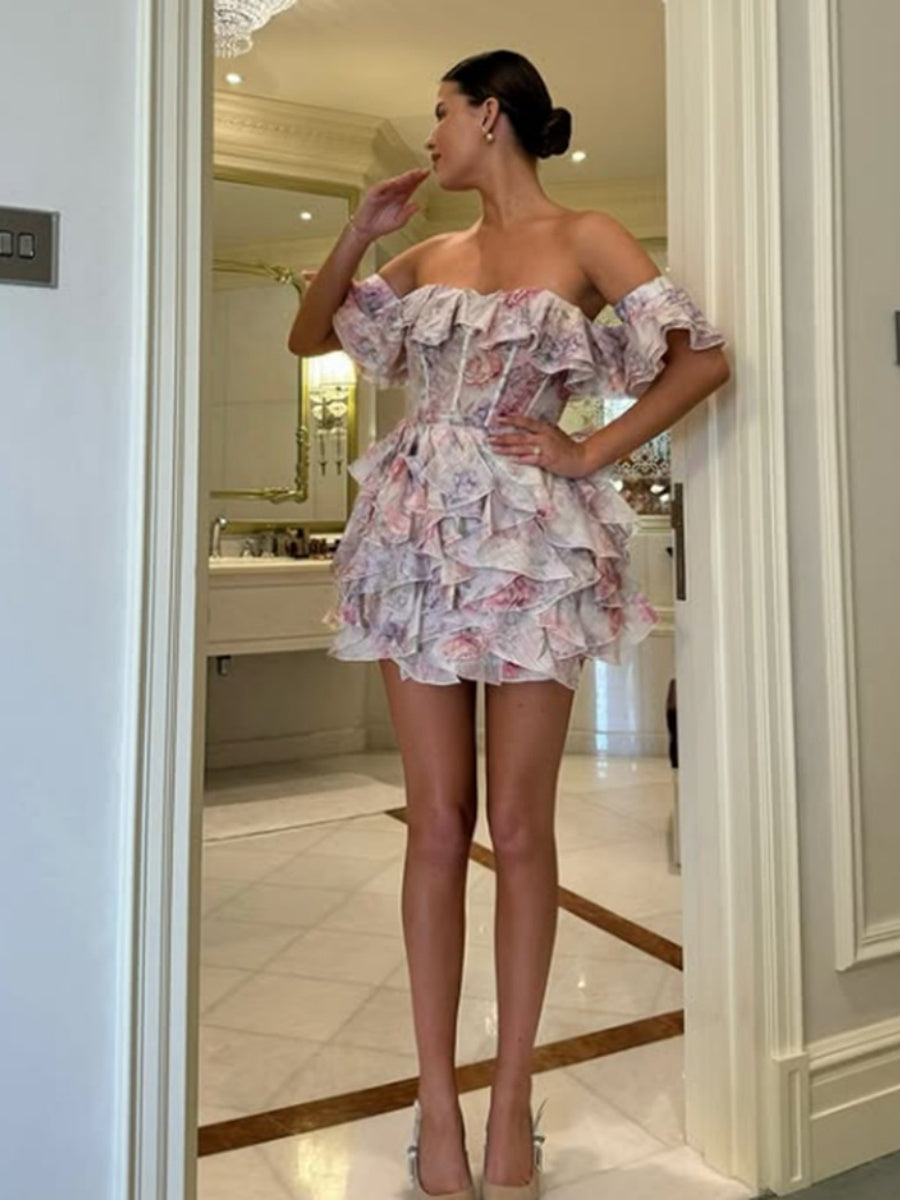 Off Shoulder Ruffle Floral Formal Dress Mini&Short Dresses
