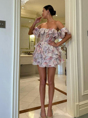 Off Shoulder Ruffle Floral Formal Dress Mini&Short Dresses