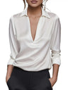 Satin Deep V-neck Long Sleeves Blouse